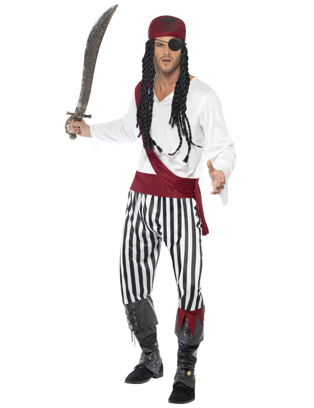 Déguisement pirate avec bandana rouge pour homme blanc noir et rouge rayé
