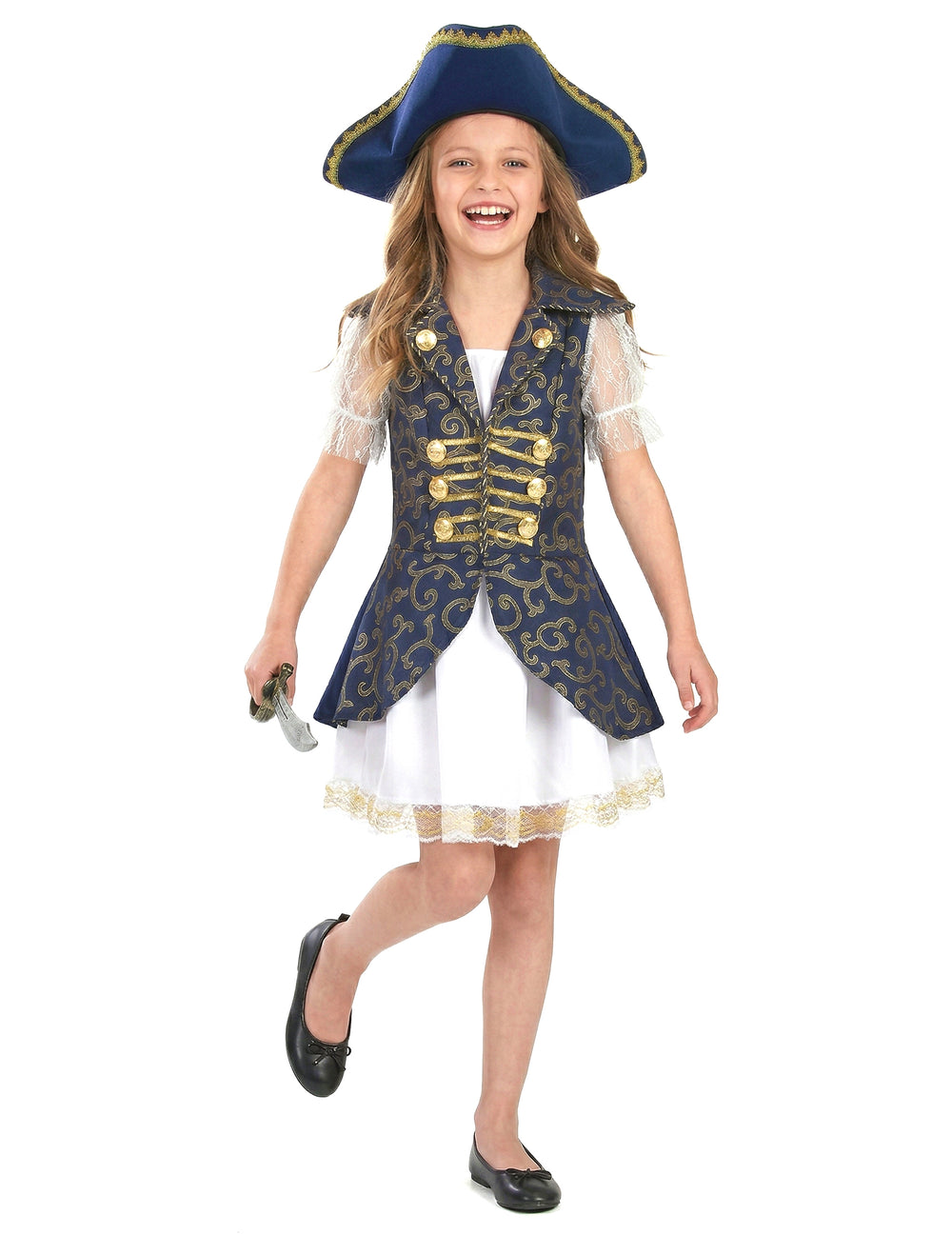 Déguisement de pirate pour fille bleu foncé avec chapeau et dorures