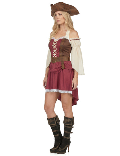 Vue de profil du déguisement de pirate bordeaux sexy pour femme