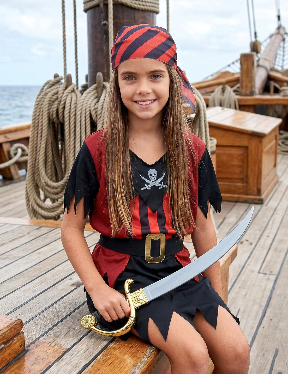Portrait avec bandana et sabre du déguisement de pirate corsaire pour fille