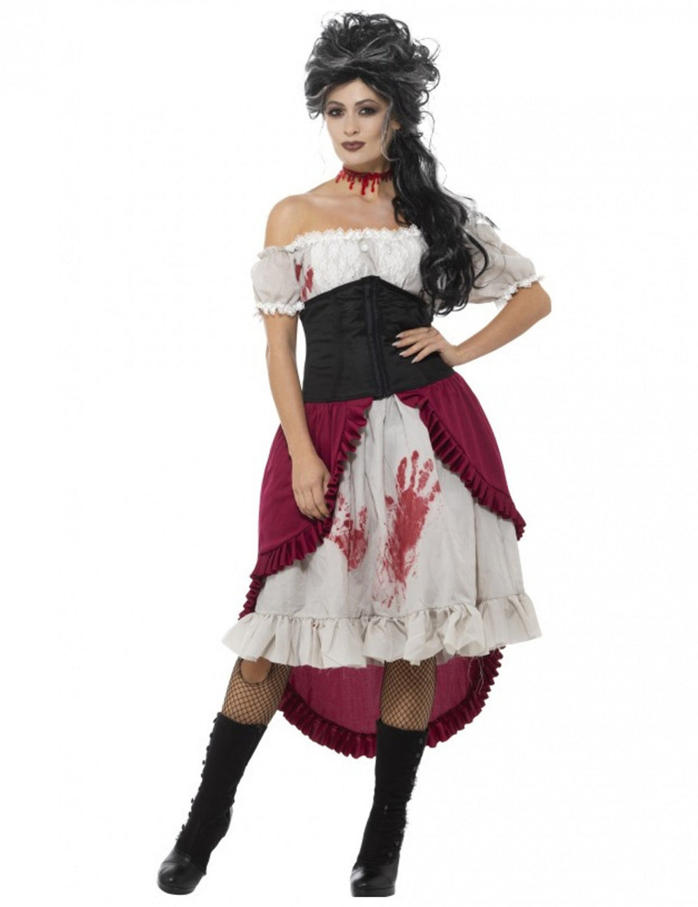 Déguisement pirate fantôme ensanglantée pour femme bordeaux et noir avec taches de sang