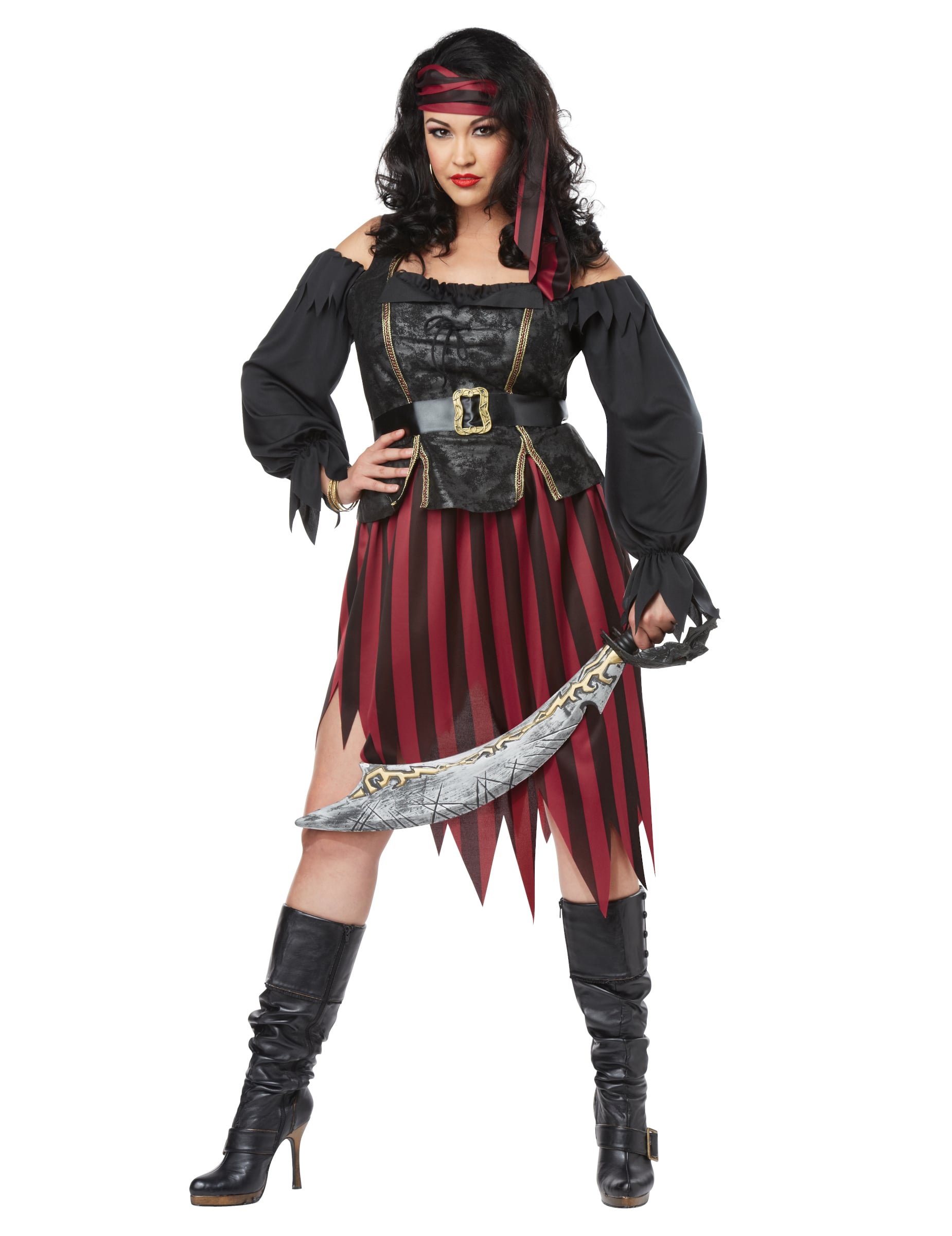 Déguisement de pirate luxe pour femme noir et bordeaux avec jupe rayée