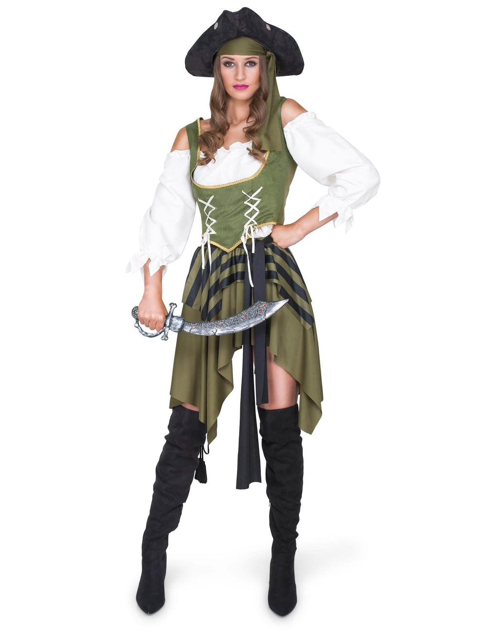 Piratski kostim za žena zelena i bijela s šeširom i sabljom