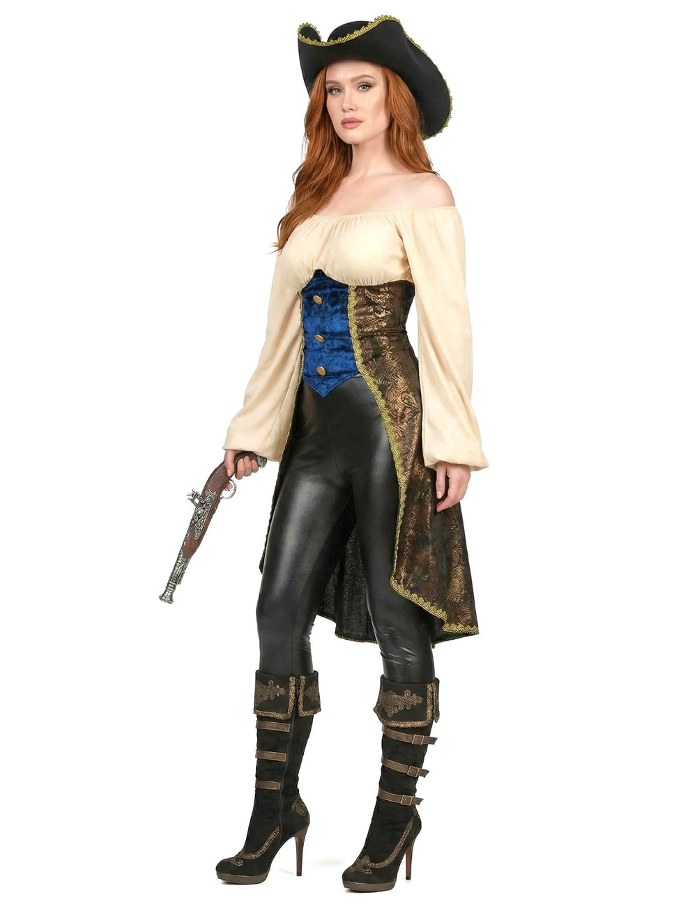 Pogled s tri četvrtine s pištoljem ženskog piratskog kostima