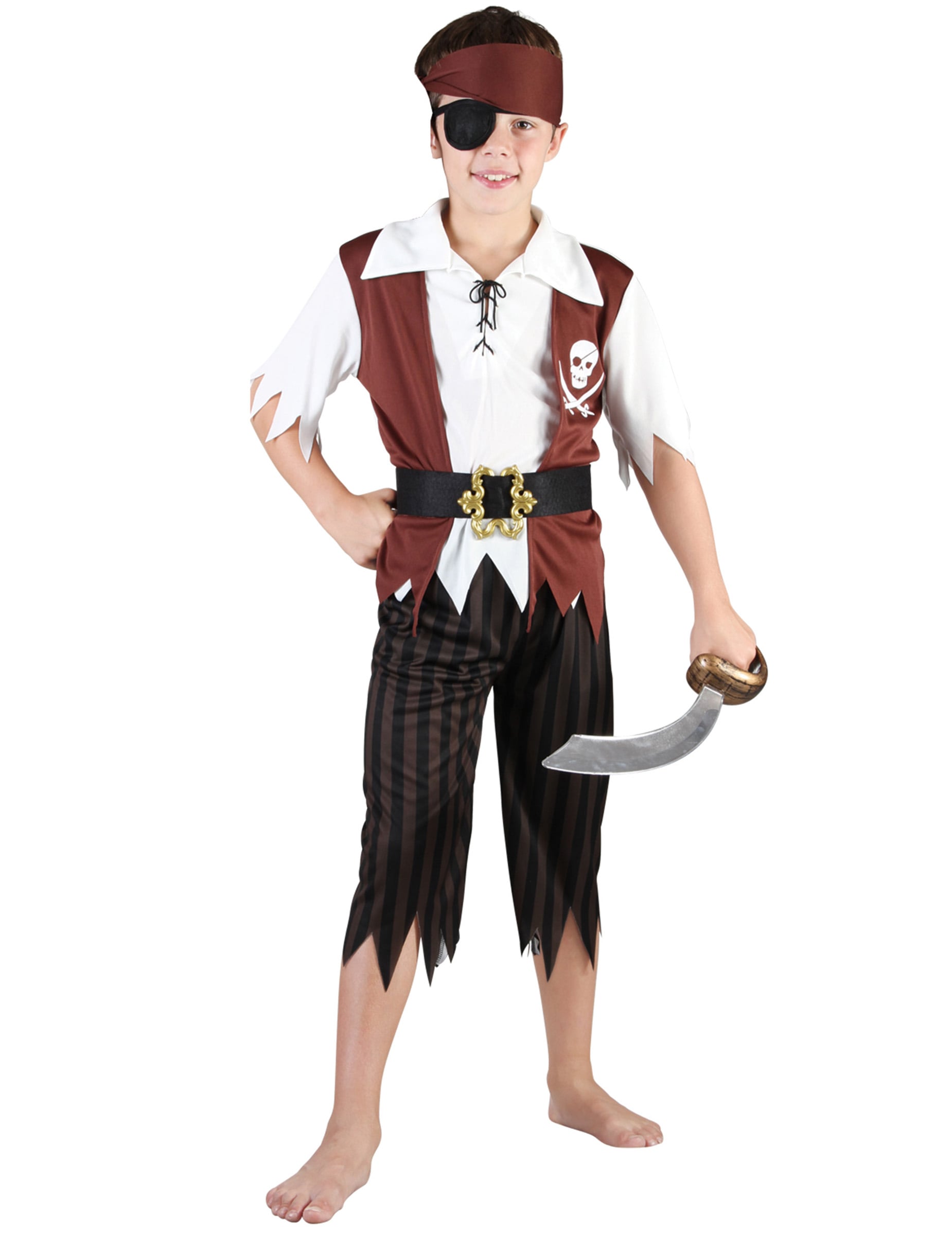 Déguisement de pirate pour garçon noir et blanc avec gilet marron et cache-œil