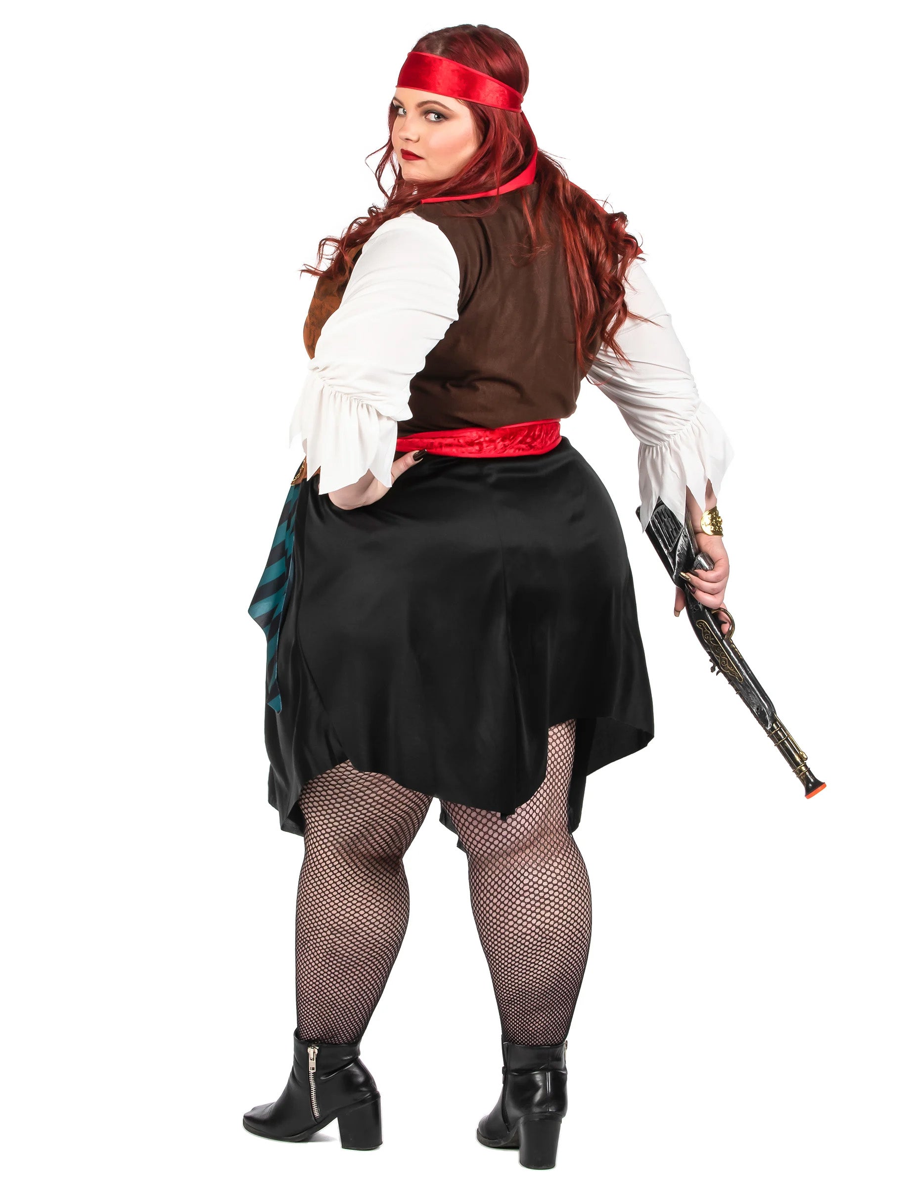 Vue de dos du déguisement de pirate pour femme rayé bleu et noir