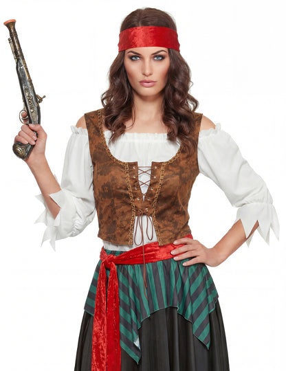 Pogled na gornji deo s pištoljem i maramom ženskog kostima prugastog pirata