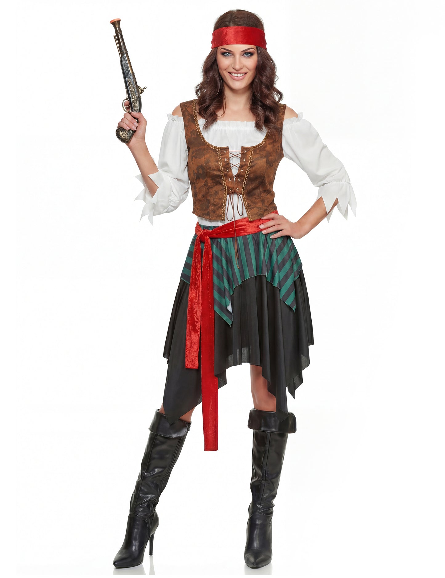 Pogled sprijeda s pištoljem ženskog kostima prugastog pirata