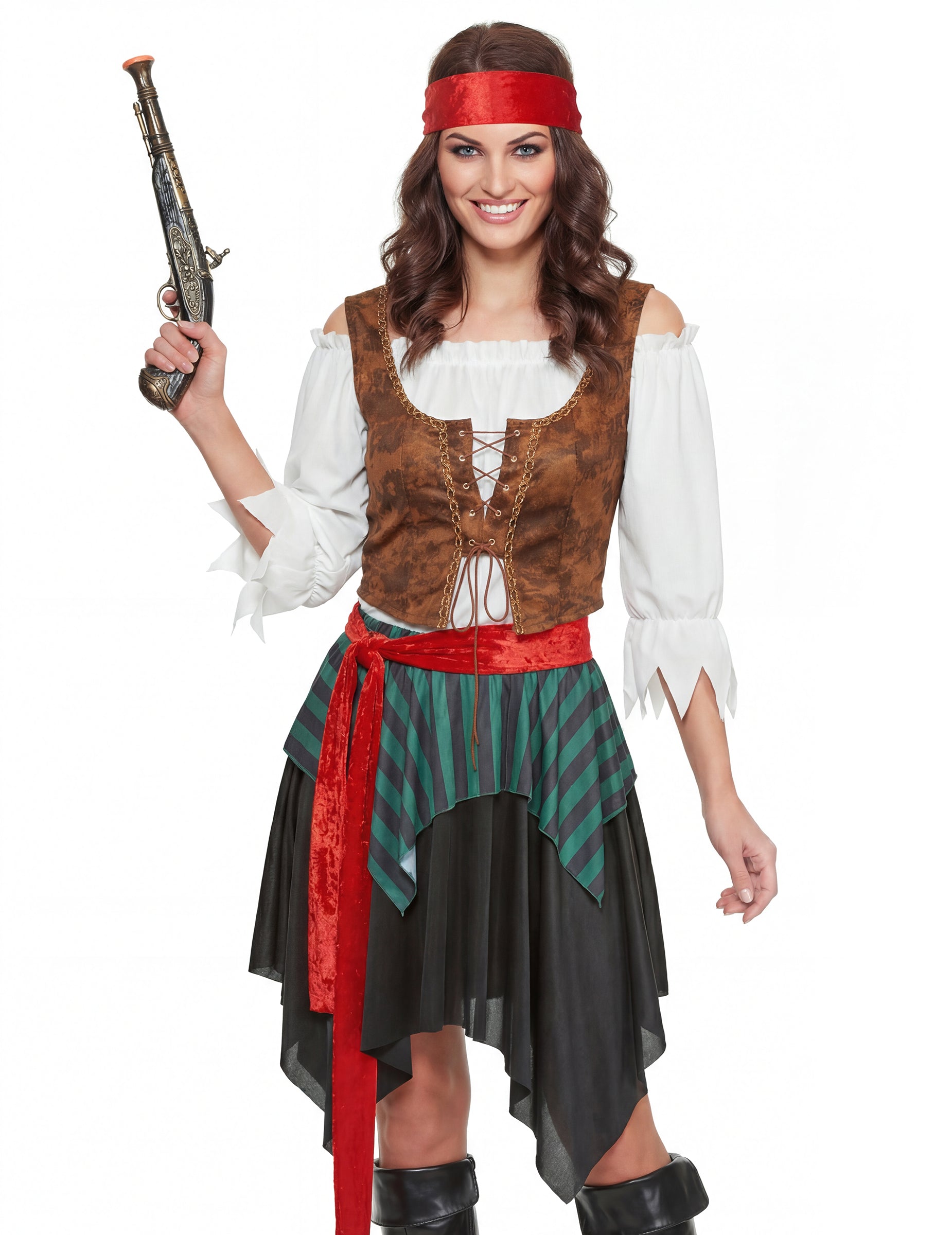 Pogled sprijeda s pištoljem ženskog kostima prugastog pirata