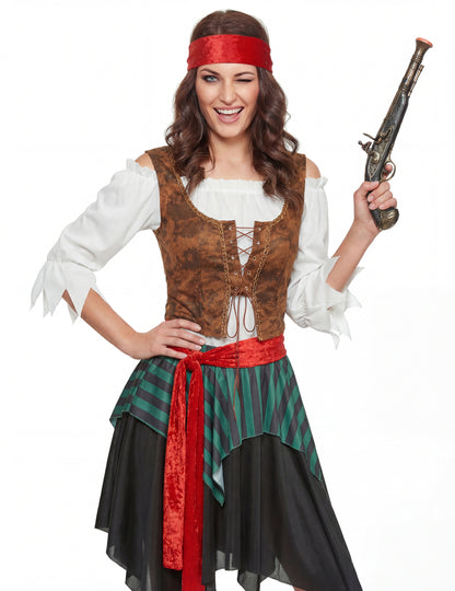 Kadar na gornji deo s pištoljem ženskog kostima prugastog pirata