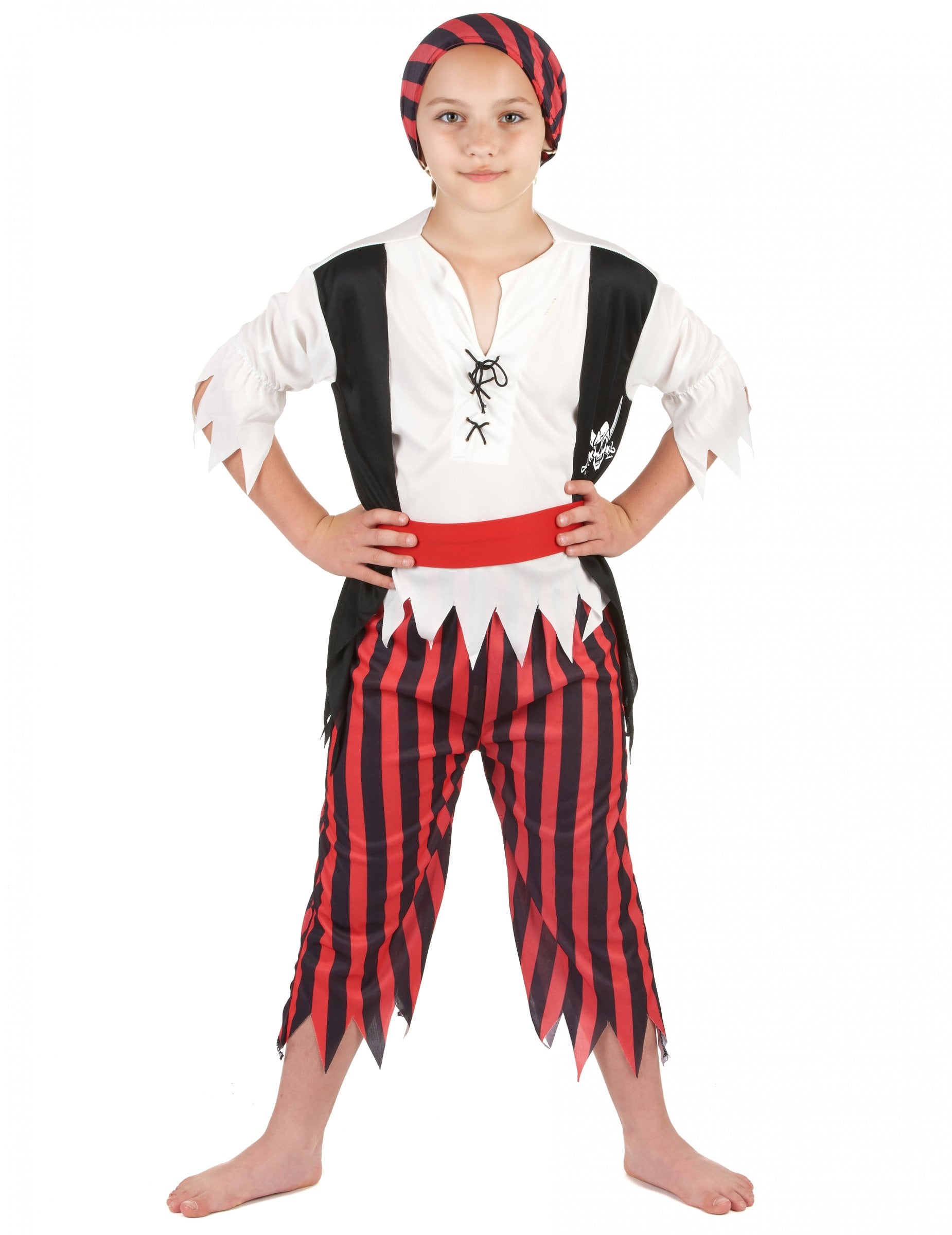 Déguisement de pirate pour garçon à rayures noires et rouges avec bandana
