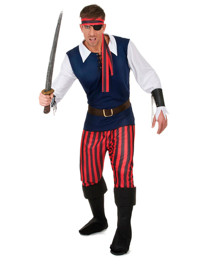 Déguisement de pirate pour homme à rayures rouges et noires avec haut bleu et bandeau