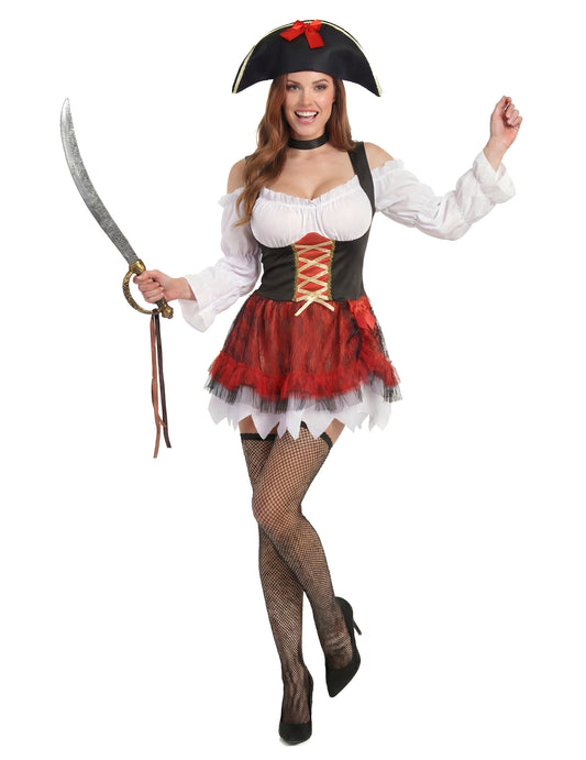 Déguisement pirate sexy pour femme blanc et rouge avec chapeau et sabre