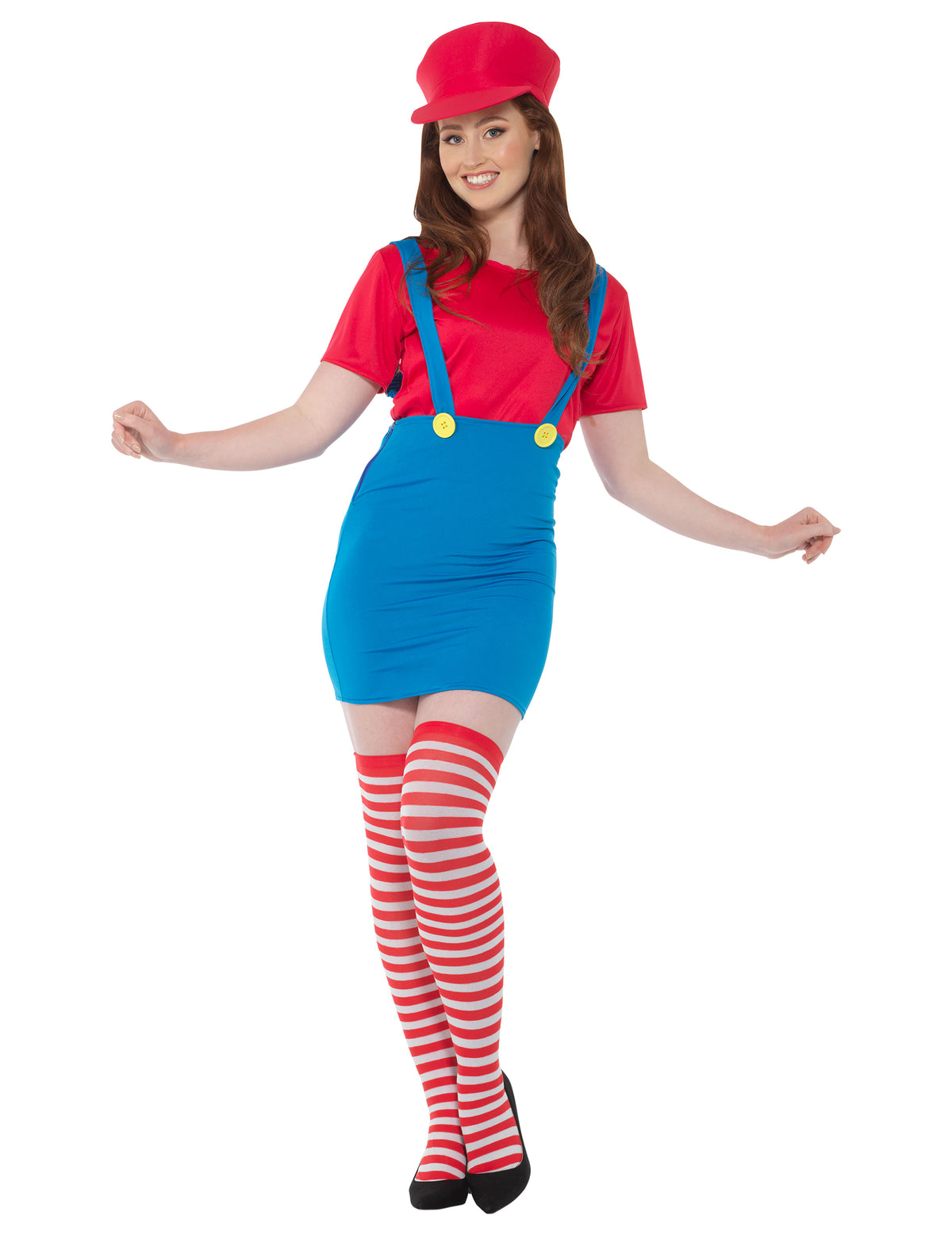 Déguisement de plombier rouge pour femme rouge et bleu avec jupe et casquette