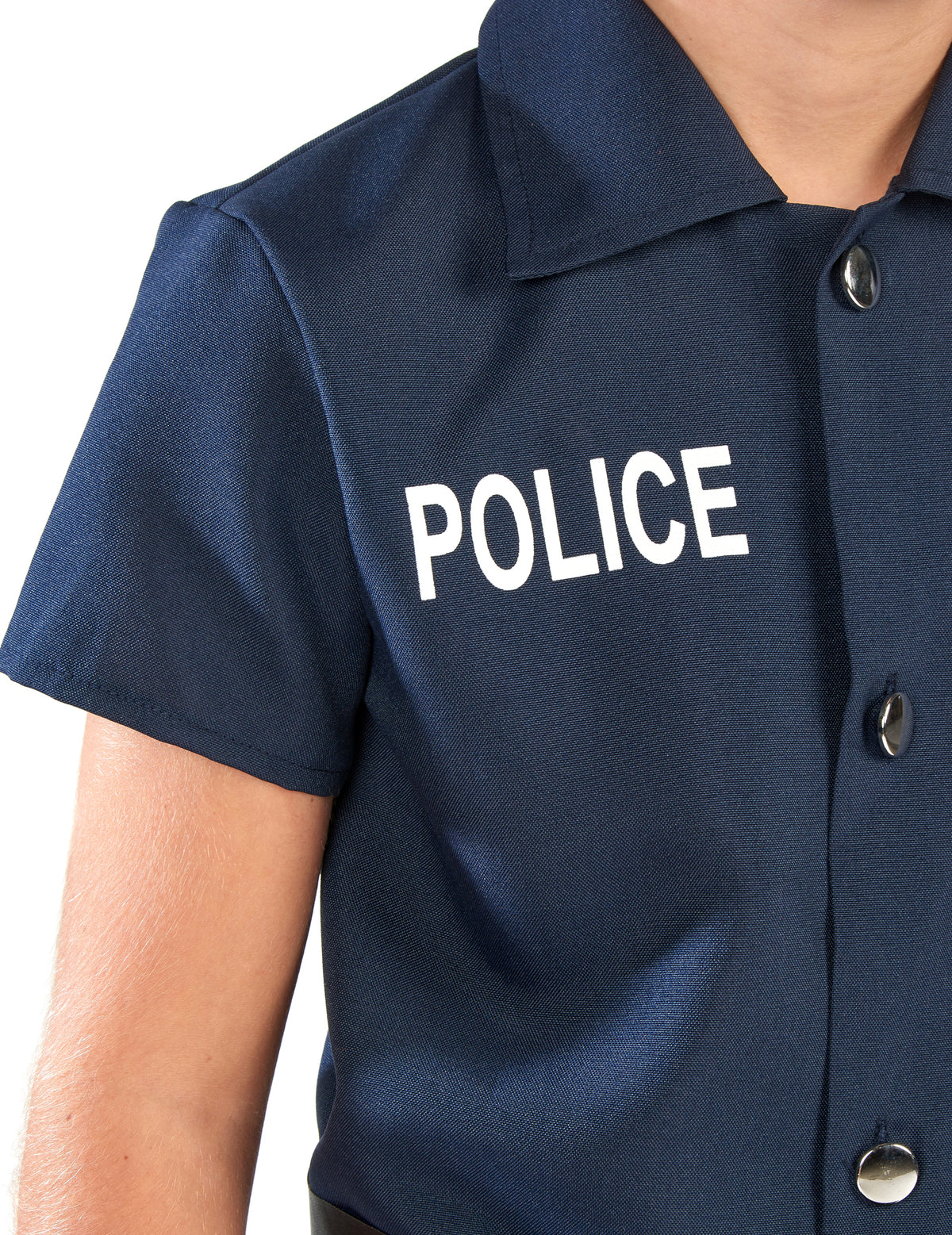 Détail de l'inscription POLICE du déguisement de policier à manches courtes pour enfant