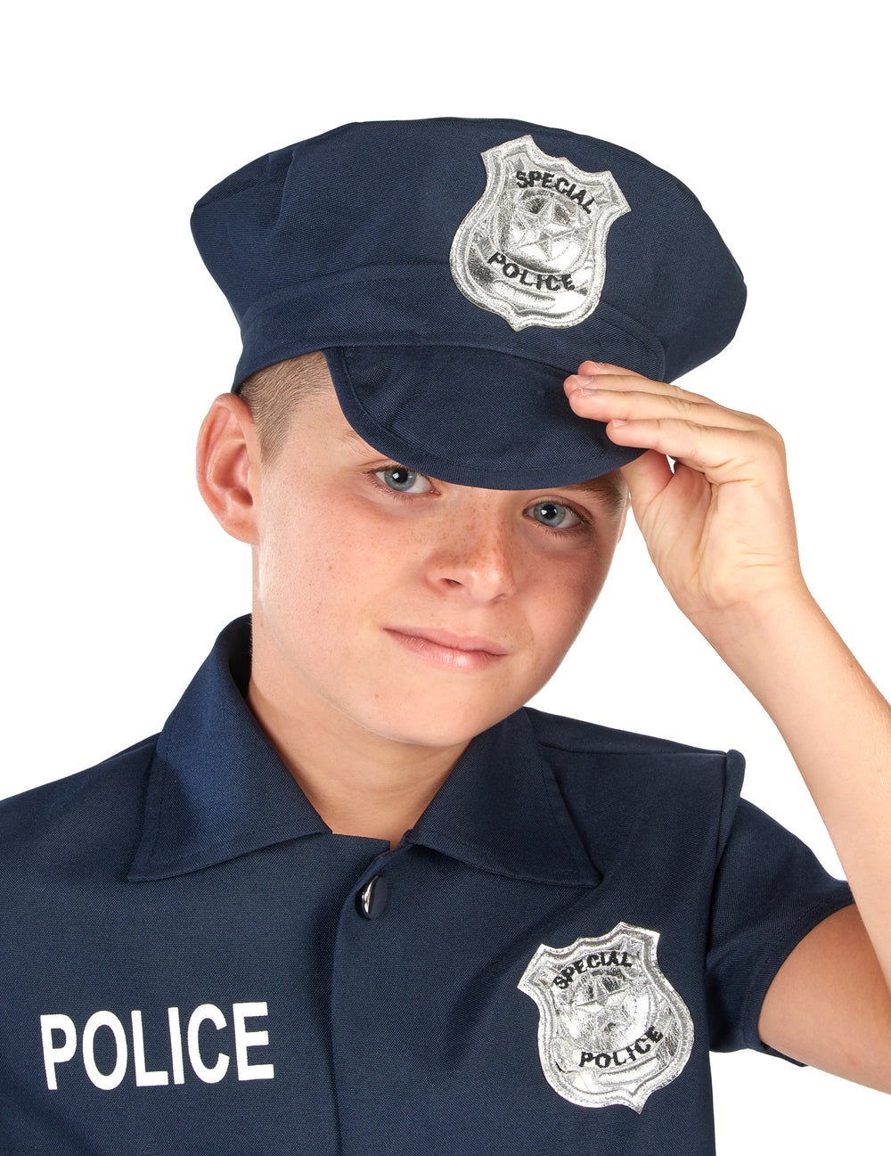 Gros plan sur la casquette et le buste du déguisement de policier à manches courtes pour enfant