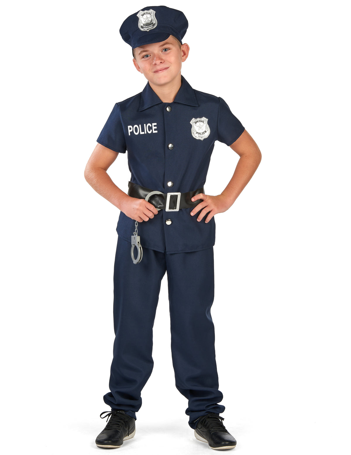 Vue de face du déguisement de policier à manches courtes pour enfant