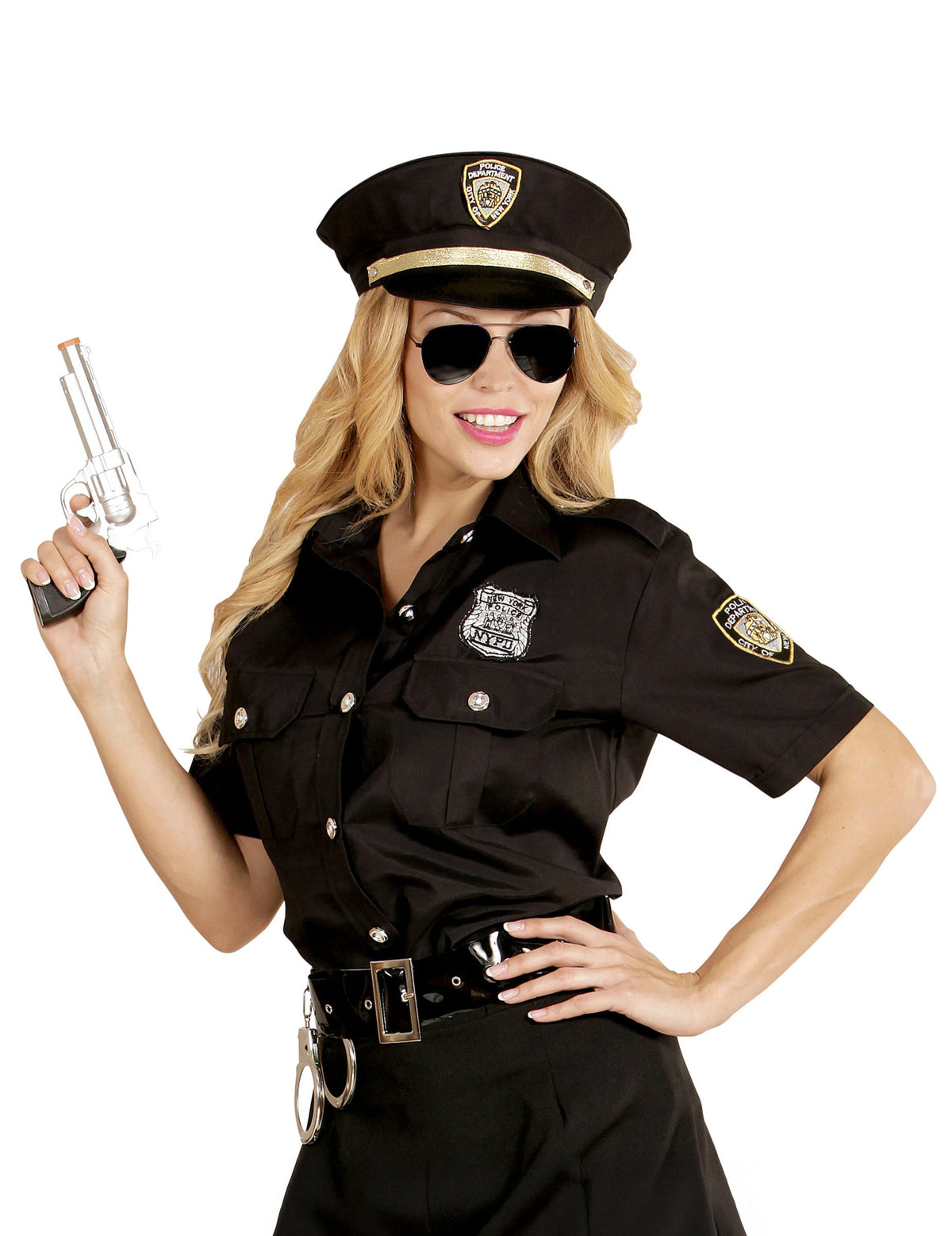Détail de l'arme factice et du buste du déguisement de policière