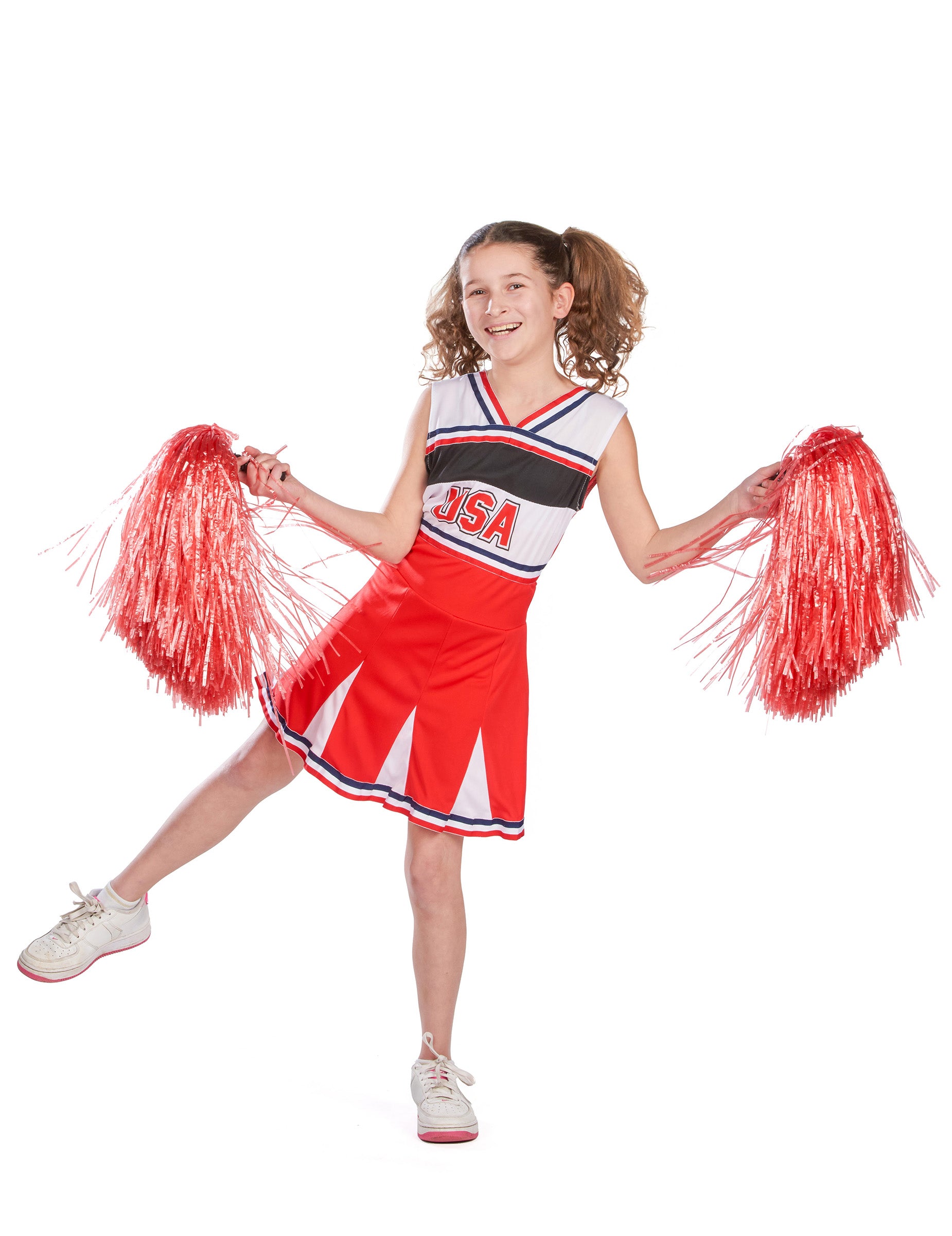 Pose dynamique avec pompons du déguisement pompom girl USA pour fille