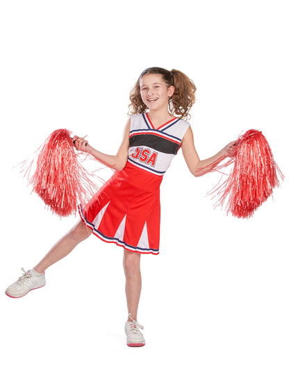 Pose dynamique avec pompons du déguisement pompom girl USA pour fille