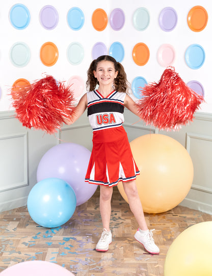 Pompoms rouges et vue de face du déguisement pompom girl USA pour fille