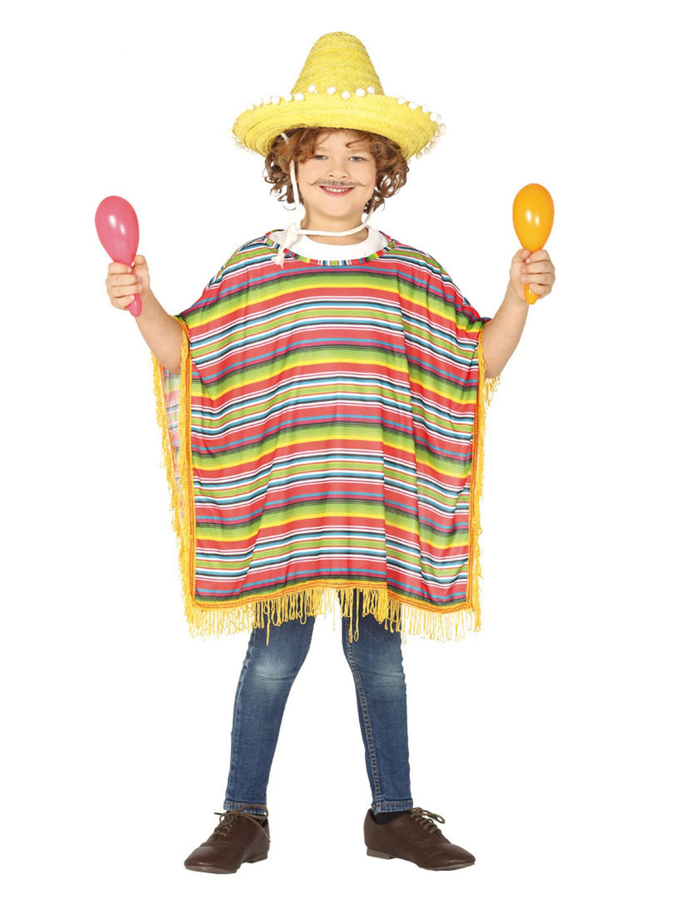 Déguisement poncho mexicain pour enfant multicolore à rayures avec sombrero jaune
