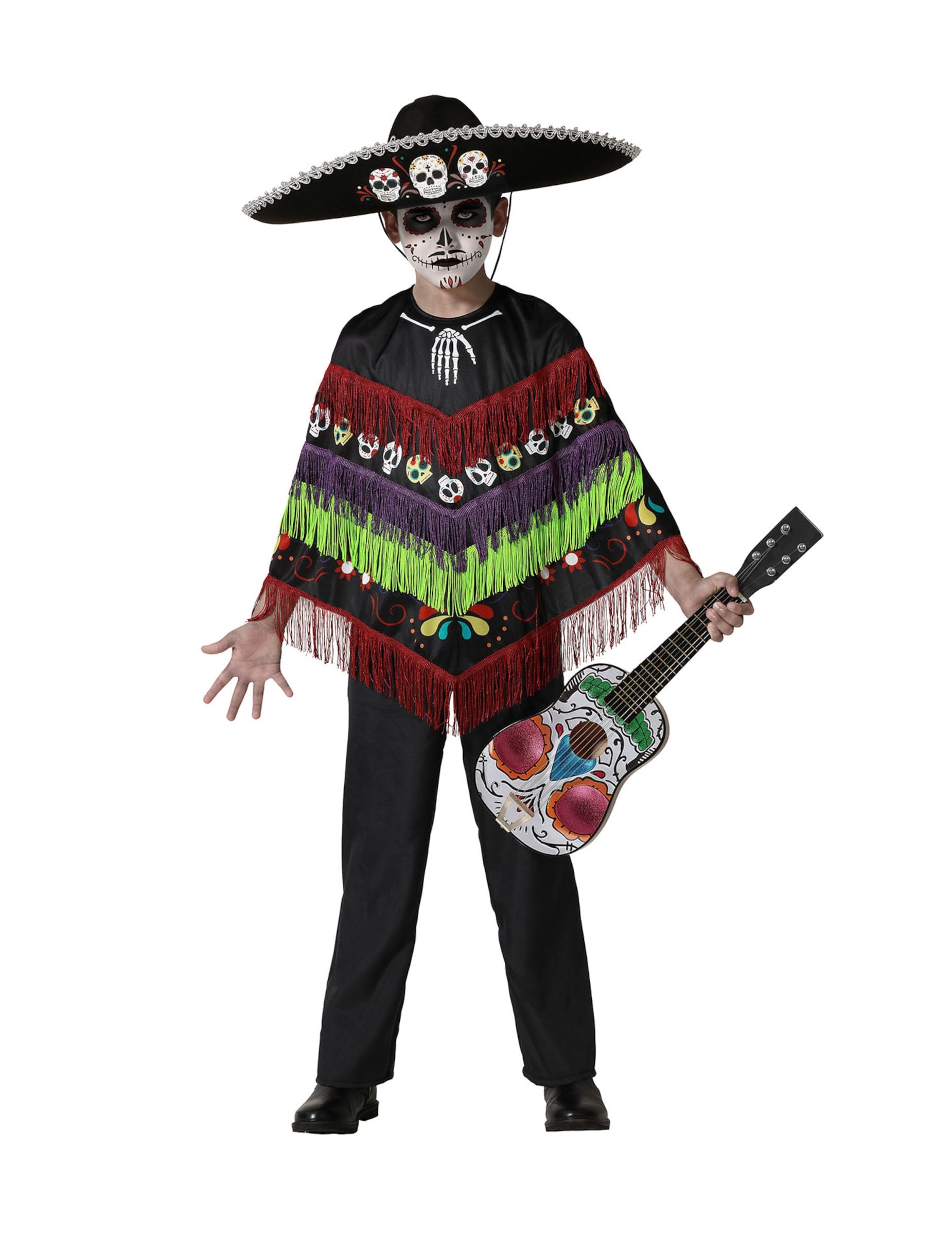 Déguisement poncho squelette Dia de los muertos pour enfant noir à franges colorées avec sombrero