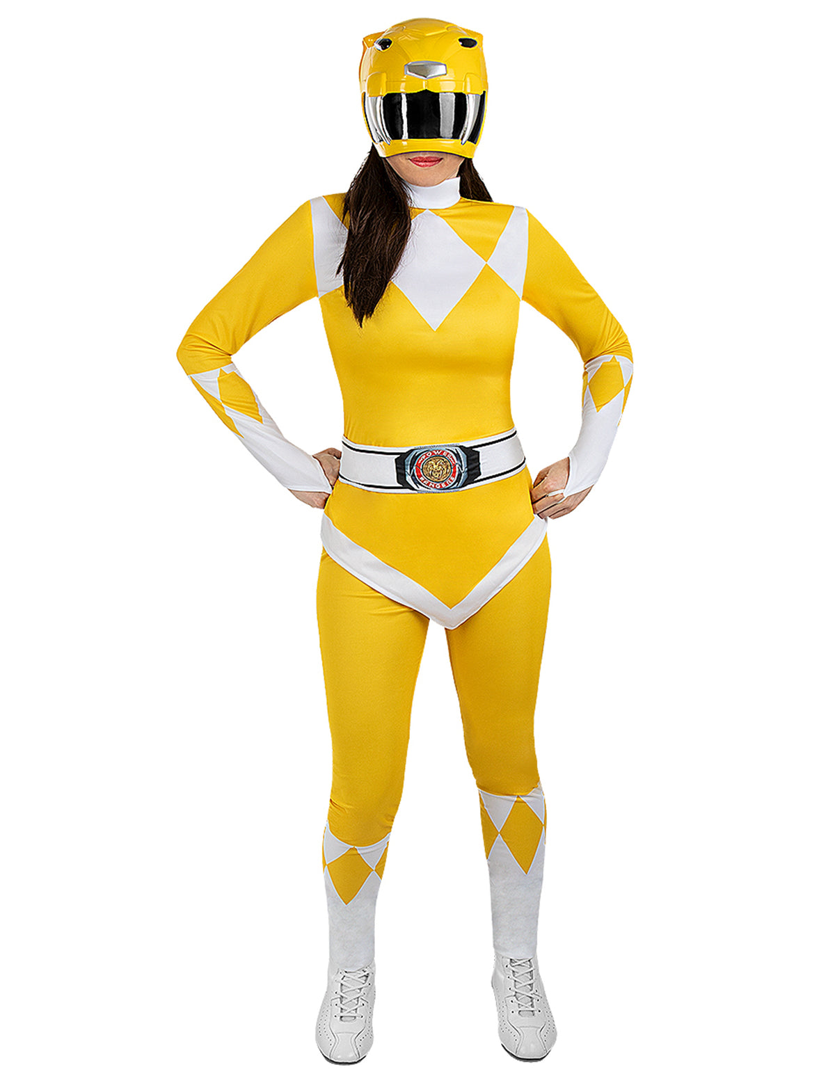 Vue de face du déguisement Power Ranger™ pour adulte jaune