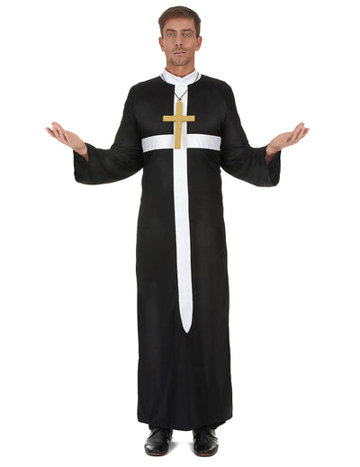 Déguisement de prêtre pour homme noir avec croix blanche et collier doré