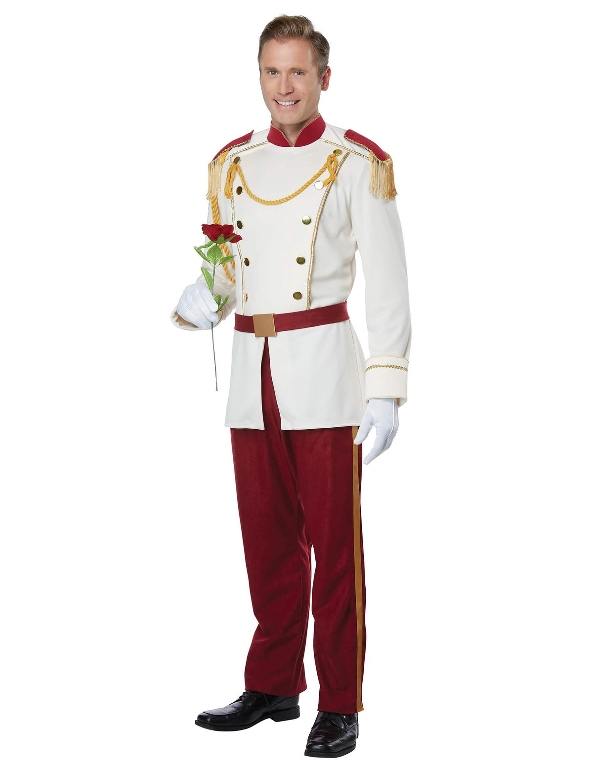 Déguisement prince charmant luxe pour homme blanc et rouge avec détails dorés