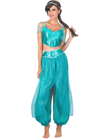 Déguisement de princesse arabe pour femme bleu turquoise avec pantalon bouffant et voile pailleté