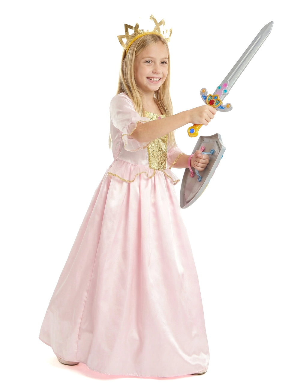 Vue de profil avec épée et bouclier du déguisement princesse avec diadème