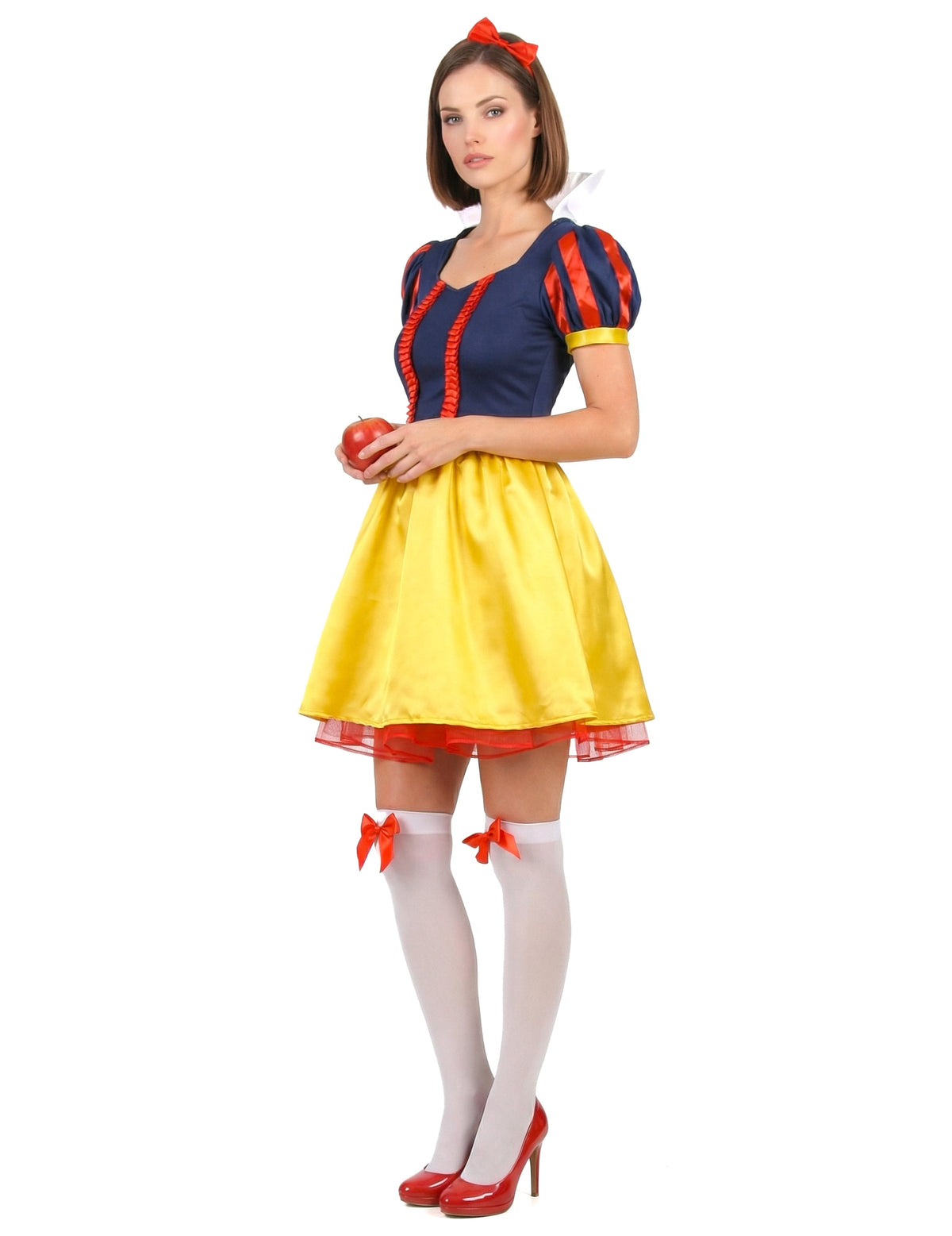 Déguisement Princesse des 7 Nains pour femme jaune et bleu avec serre-tête rouge