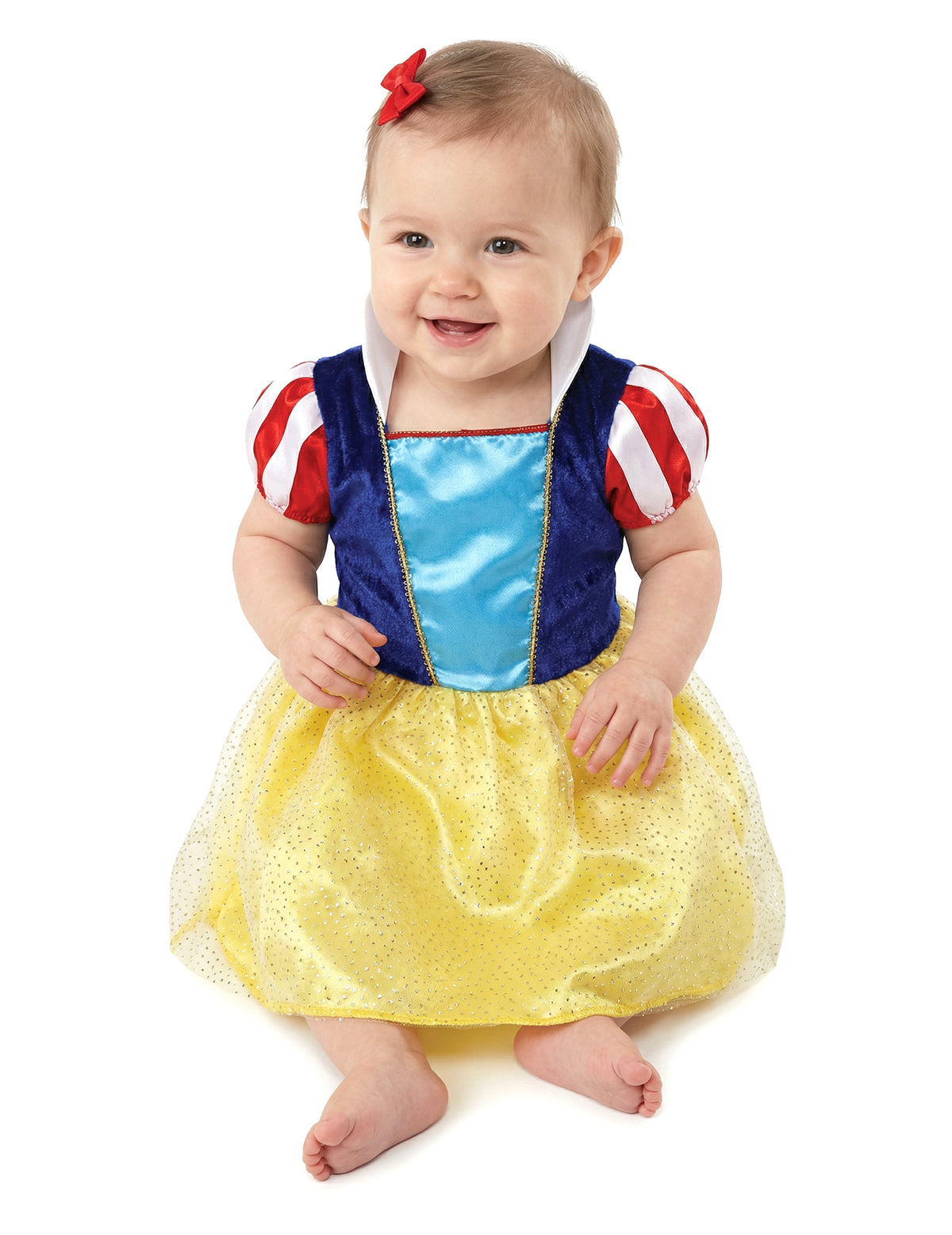 Déguisement princesse des bois pour bébé bleu jaune et rouge avec jupe pailletée
