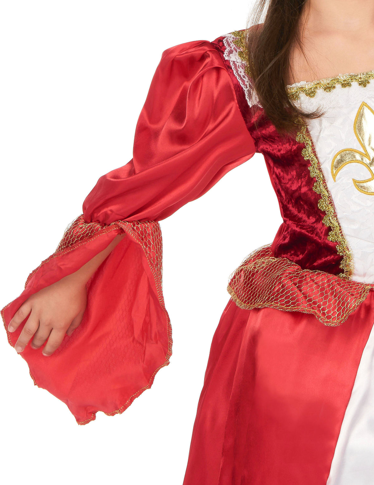 Détail de la manche et du bustier du déguisement de princesse médiévale effet satiné