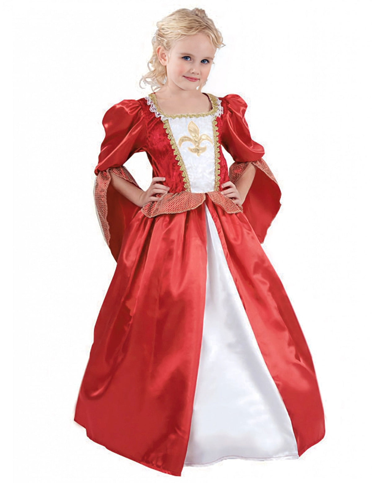 Déguisement princesse médiévale pour fille rouge et blanc effet satiné