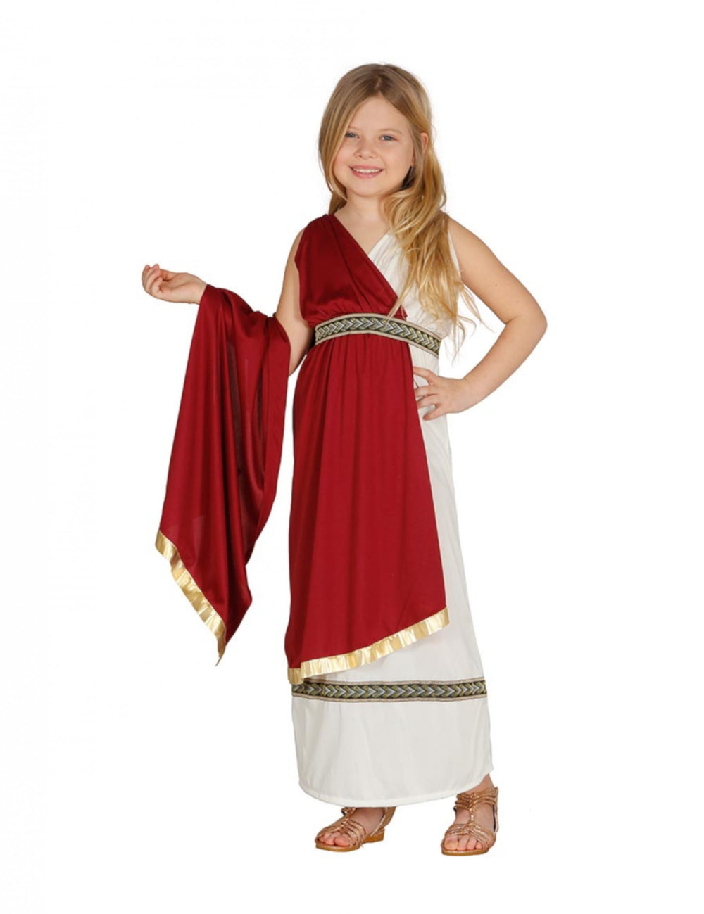 Déguisement de princesse romaine pour fille blanc et rouge avec liserés dorés