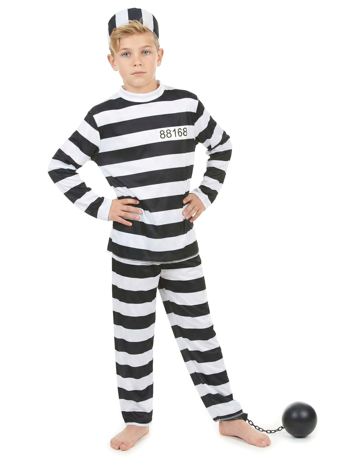 Vue de face les mains sur les hanches du déguisement de prisonnier pour enfant
