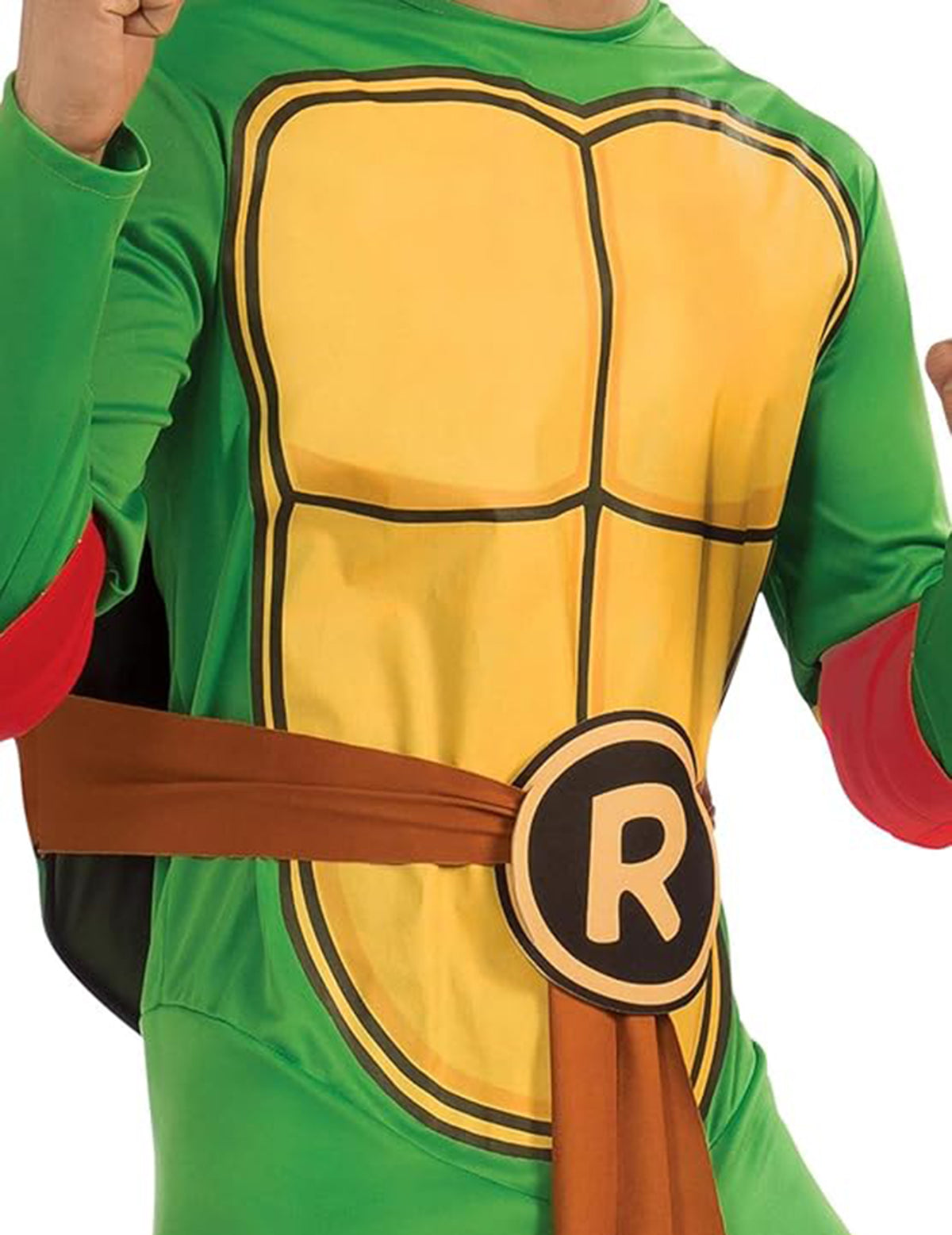 Gros plan sur le plastron et la ceinture du déguisement Raphael Tortues Ninja classique