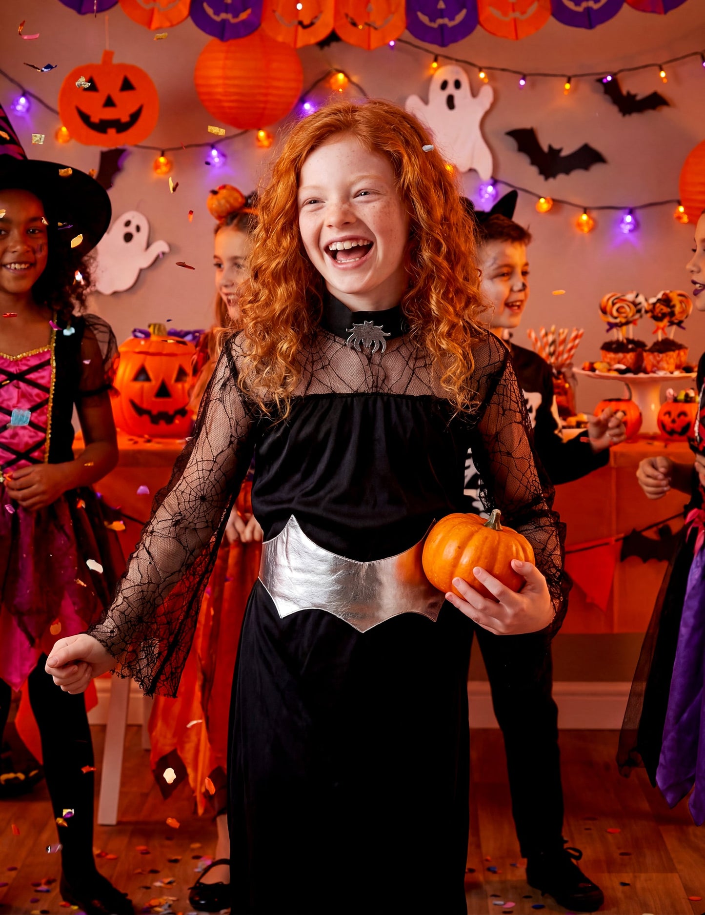 Mise en situation lors d'une fête d'Halloween du déguisement reine araignée pour fille