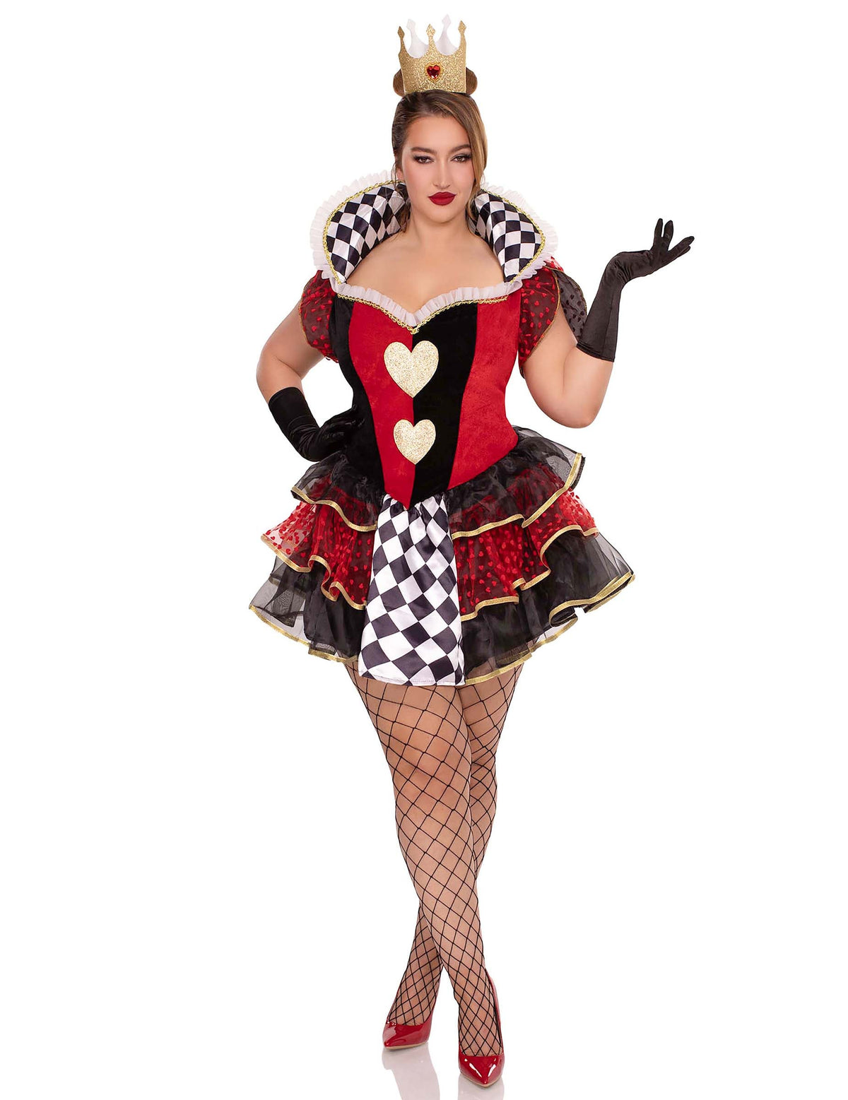 Déguisement de reine de cœur sexy pour femme rouge et noir à damier avec couronne dorée