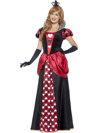 Déguisement reine de coeur longue pour femme rouge et noir avec motifs de cœurs