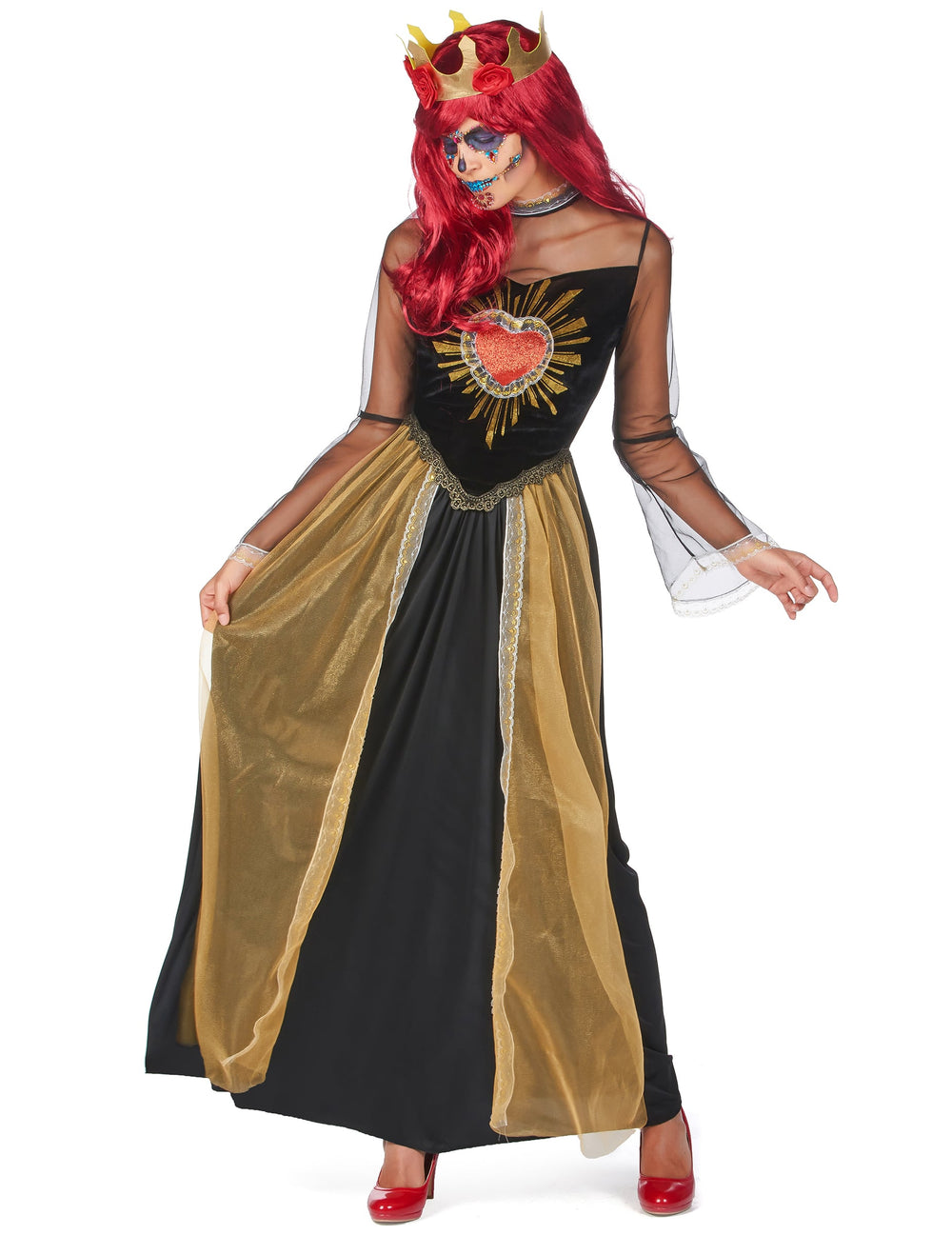 Déguisement reine du Dia de los muertos pour femme noir et doré avec coeur et couronne
