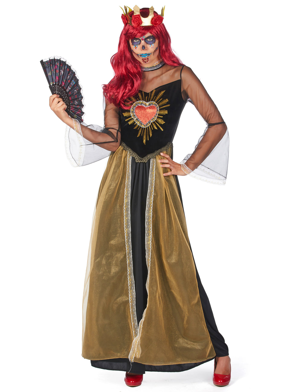 Éventail noir illustré du déguisement reine du Dia de los muertos pour femme