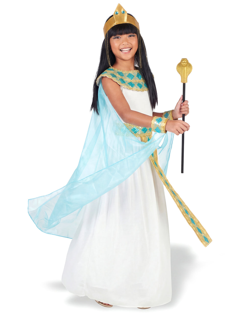 Vue de profil avec sceptre doré du déguisement de reine égyptienne pour fille