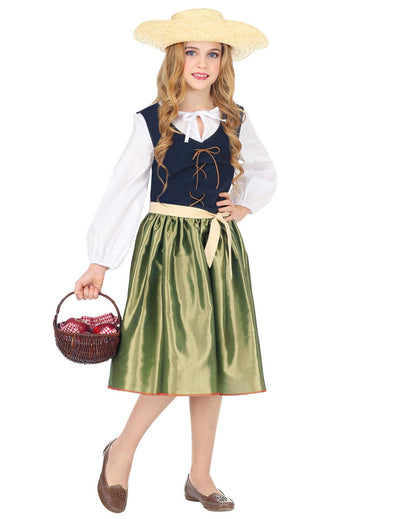 Déguisement Renaissance pour fille vert avec chapeau de paille