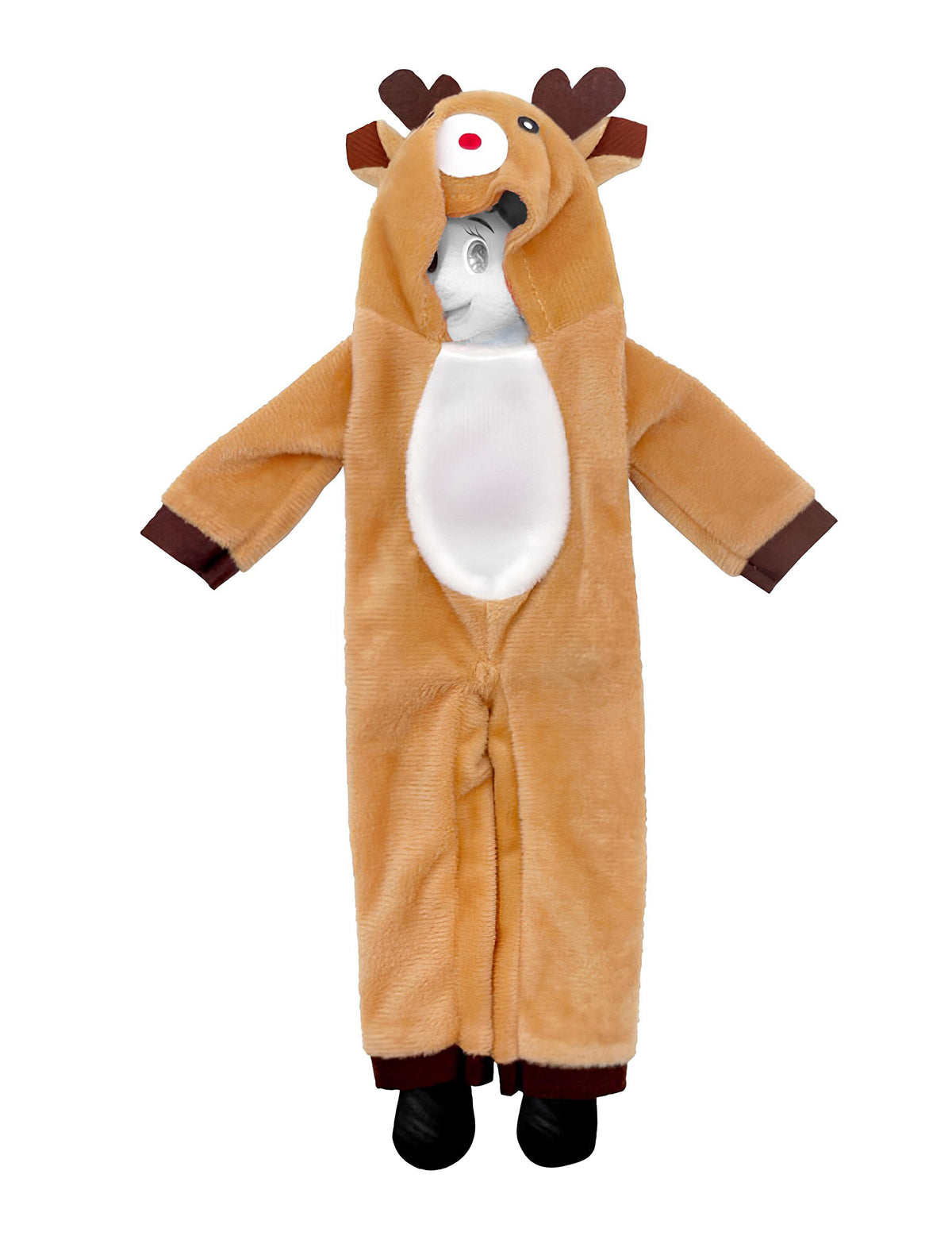 Déguisement renne de Noël pour poupée lutin farceur marron et blanc avec bois et nez rouge