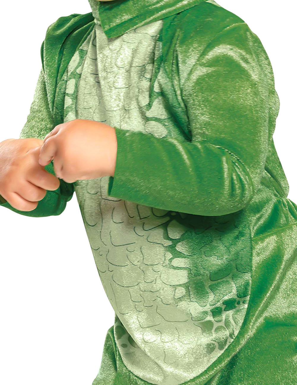 Gros plan sur la texture à écailles du buste du déguisement Rex Toy Story deluxe
