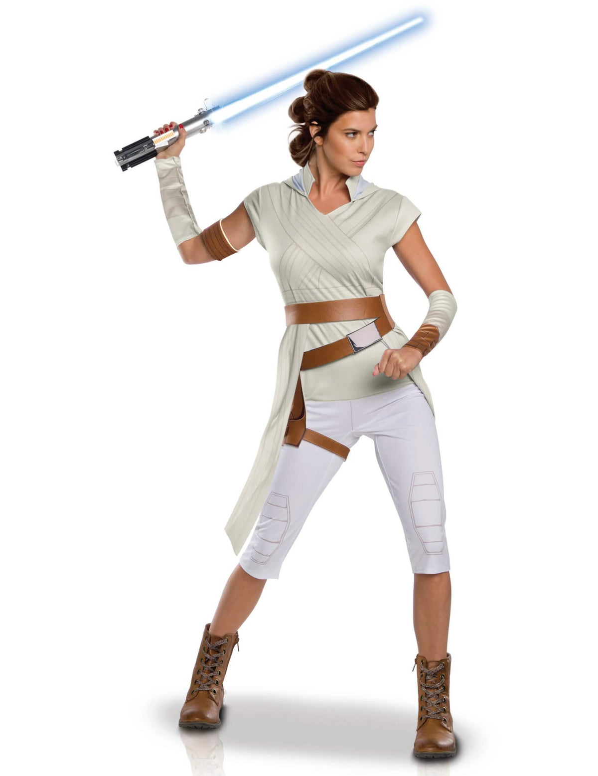 Kostim Rey iz Star Wars: The Rise of Skywalker za ženu bež i bijela s plava svjetlosnim mačem