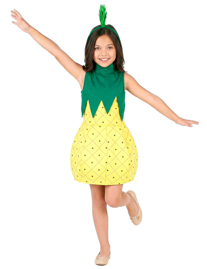 Déguisement robe ananas pour fille jaune et vert avec serre-tête